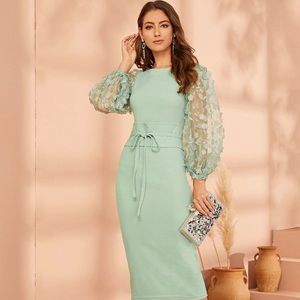 SHEIN 3D Mesh Lantern Sleeve Corset Waist Pencil Dress